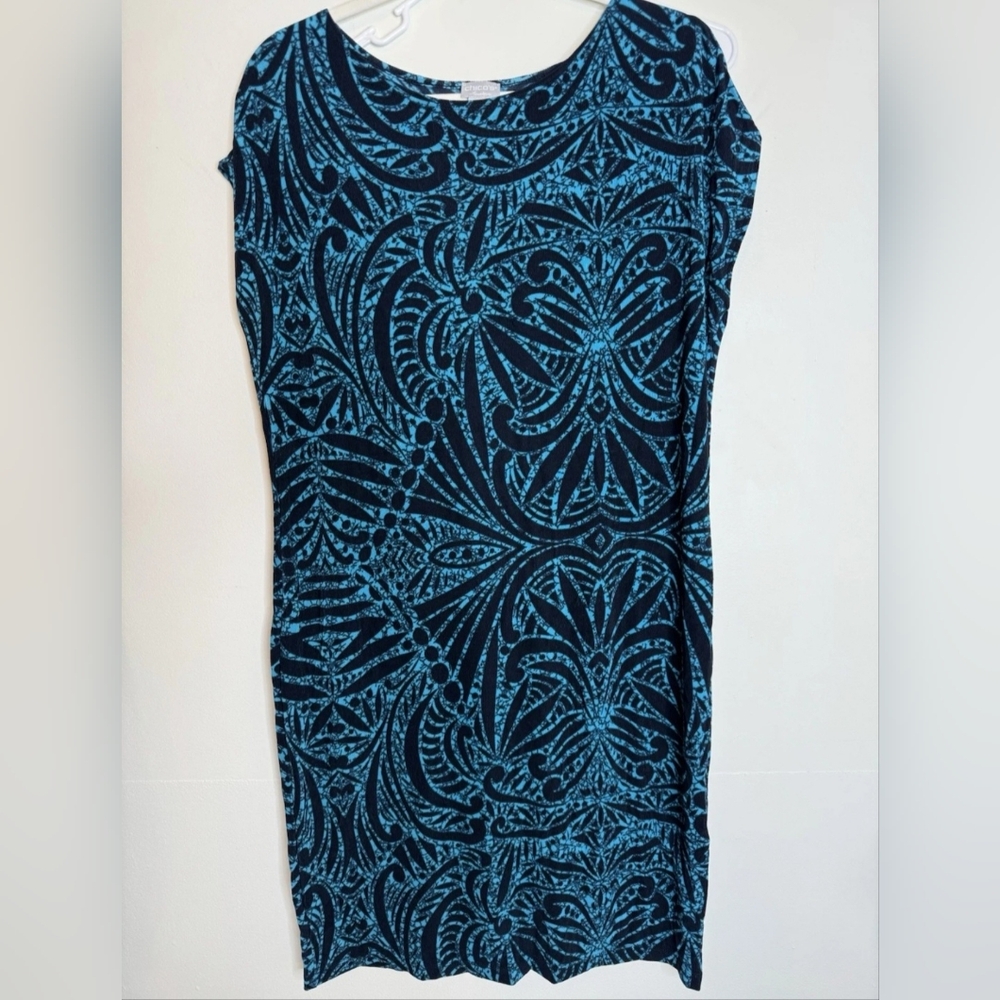 Chico's Travelers Dress, Blue Tropical, Cap Sleeve - Traveler Sz 1 / Misses 8/10